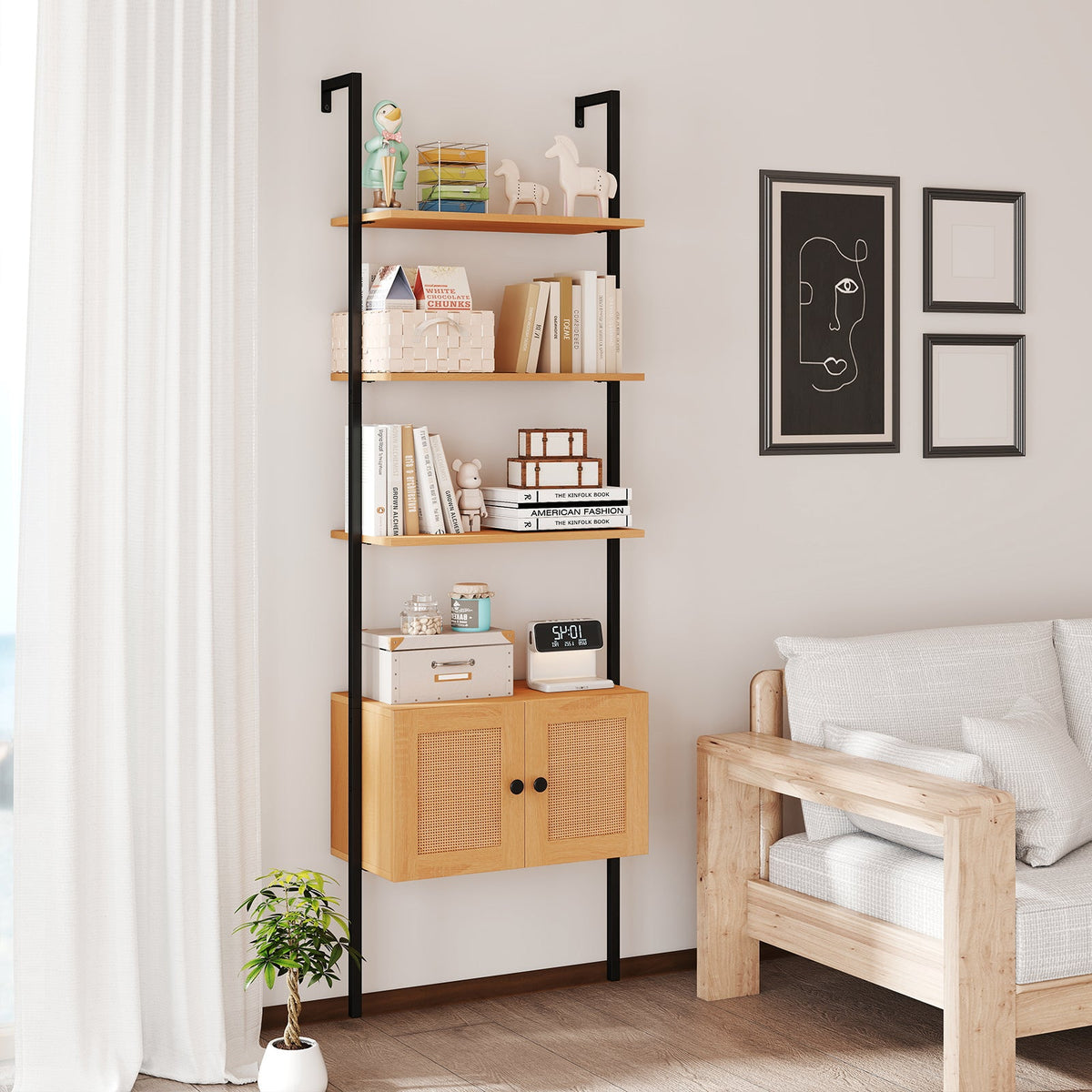 5-Tier Ladder Bookcase with Rattan Cabinet and Metal Frame-Natural