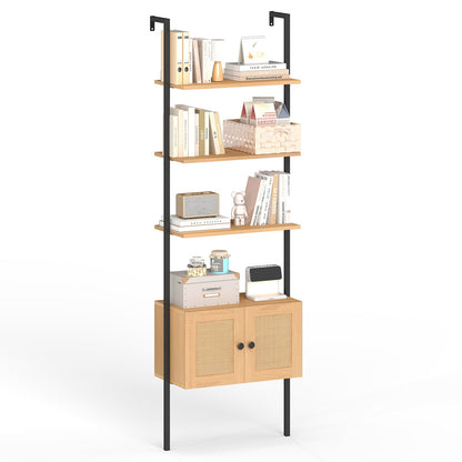 5-Tier Ladder Bookcase with Rattan Cabinet and Metal Frame-Natural