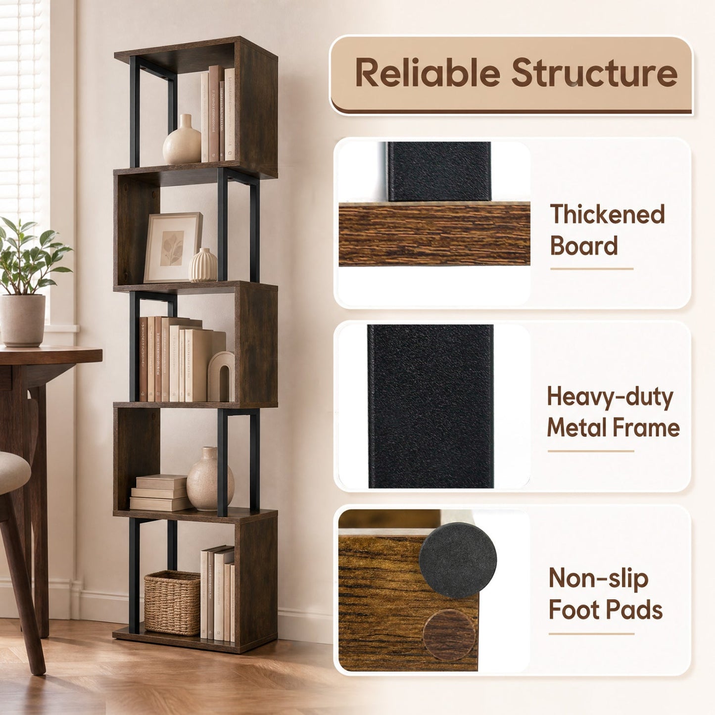 5-Tier S-Shaped Bookshelf with Open Cubes & Anti-Tip Kit