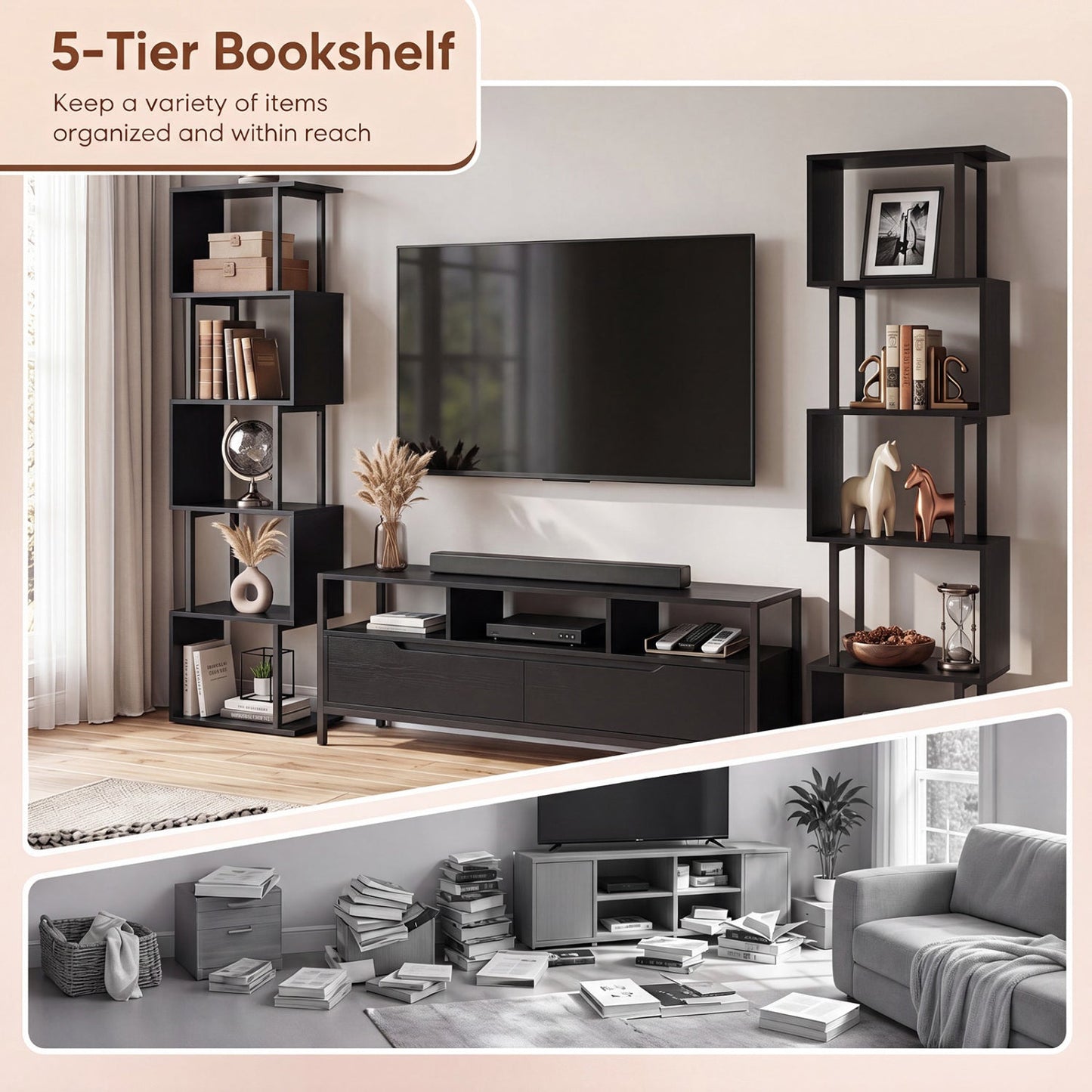 5-Tier S-Shaped Bookshelf with Open Cubes & Anti-Tip Kit