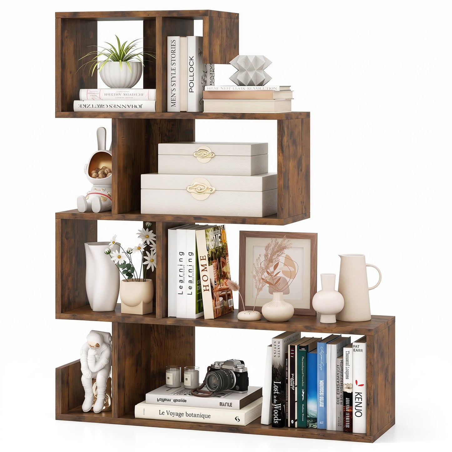 5-Tier S-Shaped Bookshelf with Open Cubes - Rustic Brown
