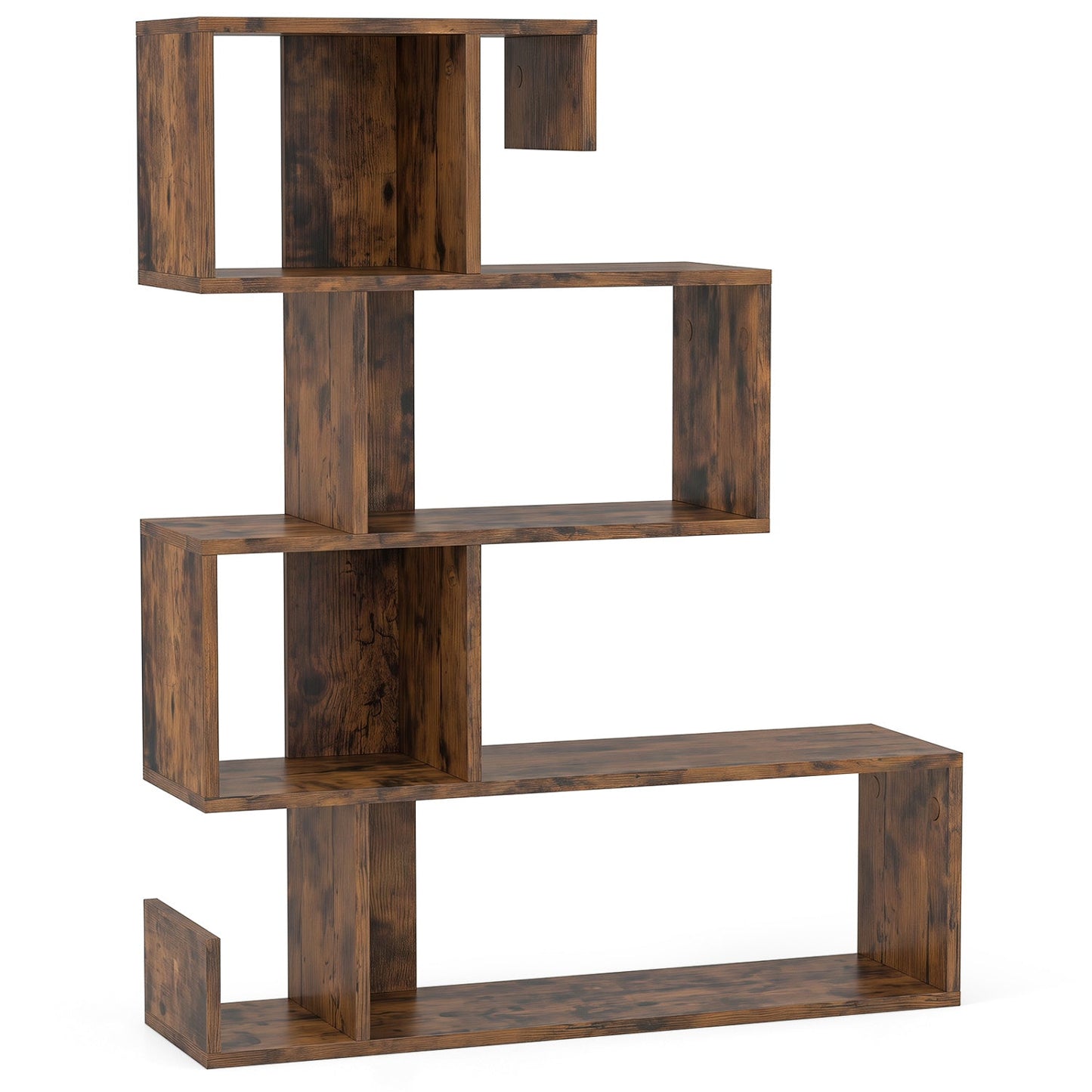 5-Tier S-Shaped Bookshelf with Open Cubes - Rustic Brown