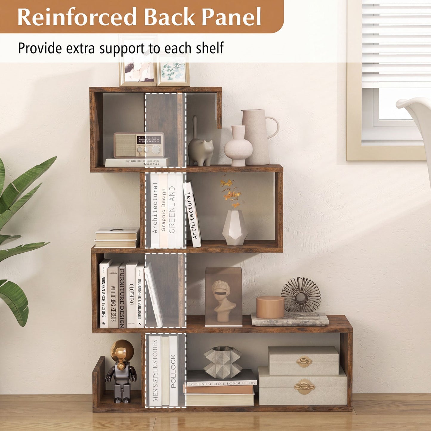 5-Tier S-Shaped Bookshelf with Open Cubes - Rustic Brown