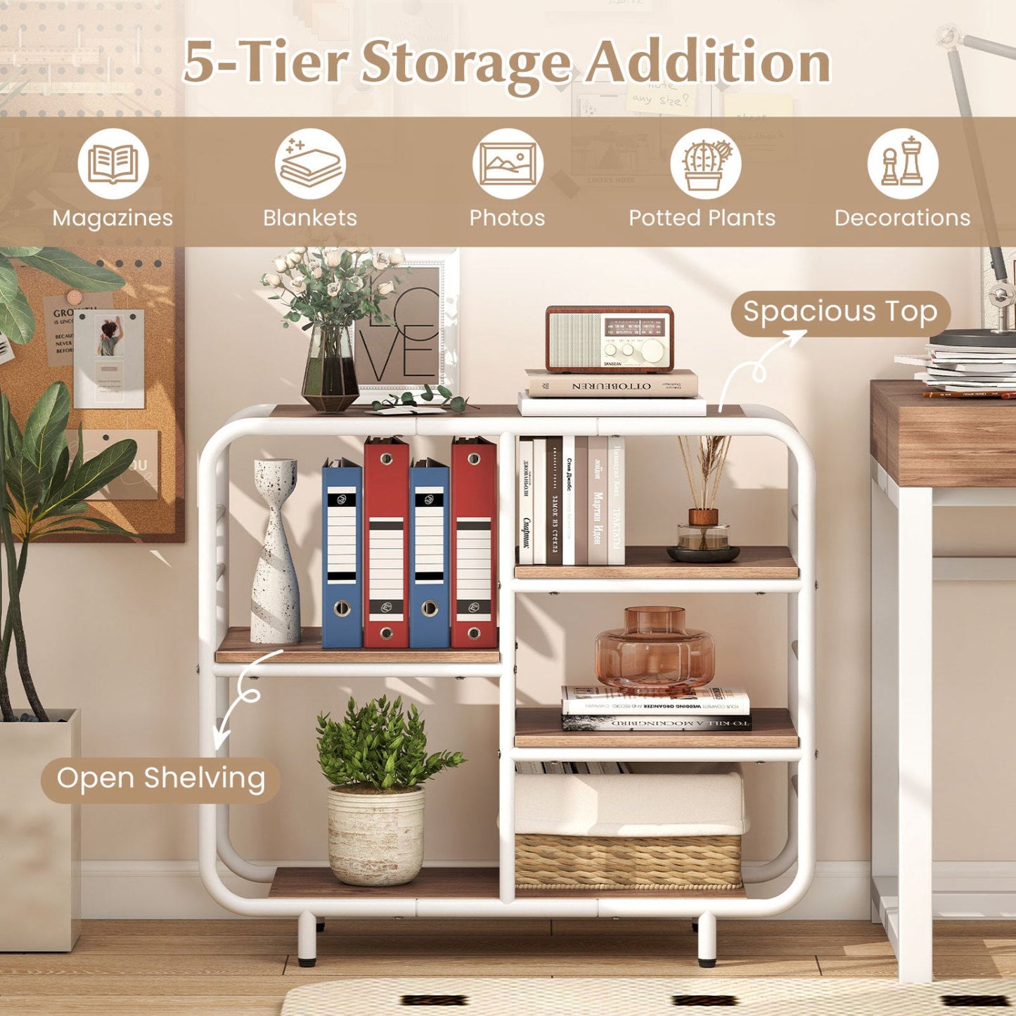 5-Tier Storage Organizer Open Book Shelf with Metal Frame
