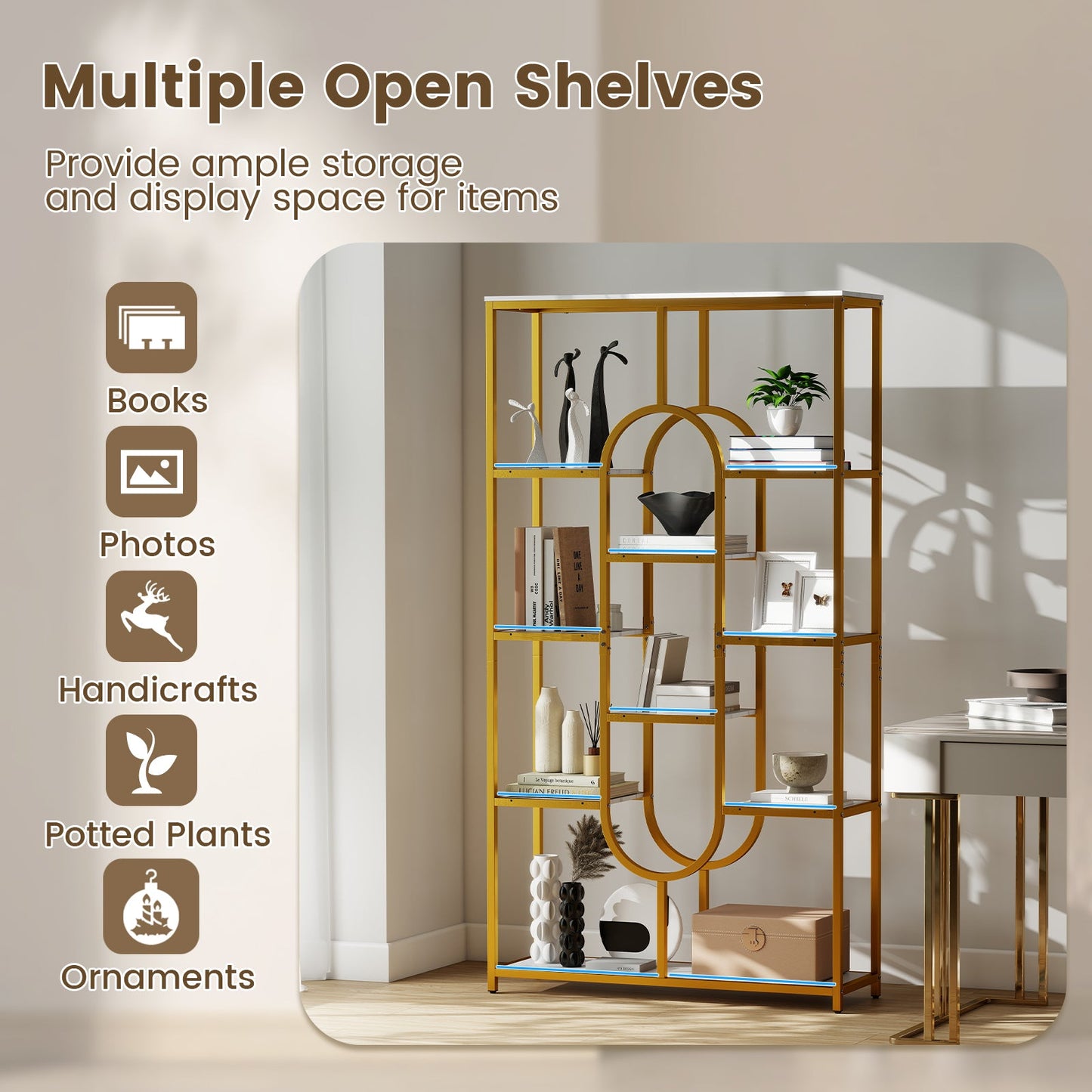 5-Tier Tall Etagere Bookcase with Open Storage Shelves-White