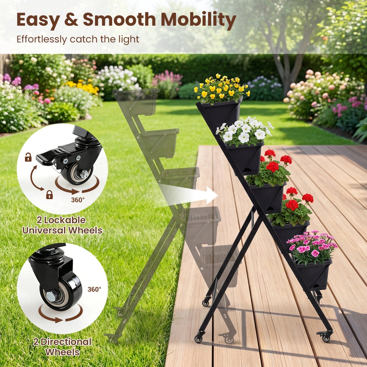 5-Tier Vertical Raised Garden Bed with Wheels for Backyard