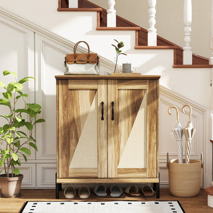5-Tier Wooden Farmhouse Shoe Cabinet with Woven Rattan Doors