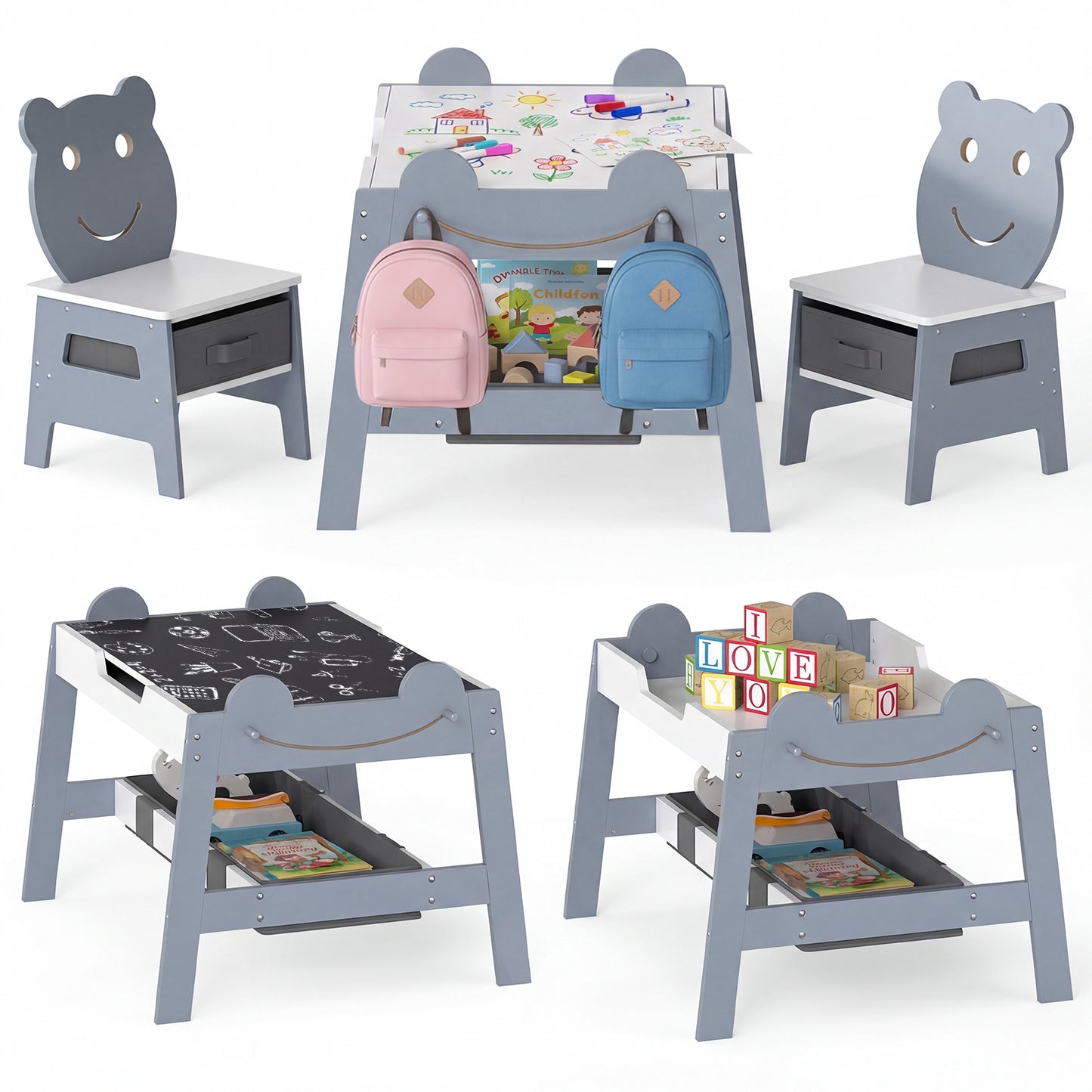 Toddler Table and 2 Chairs Set with Reversible Chalkboard