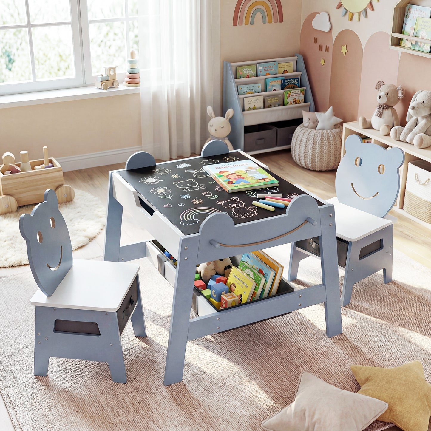 Toddler Table and 2 Chairs Set with Reversible Chalkboard