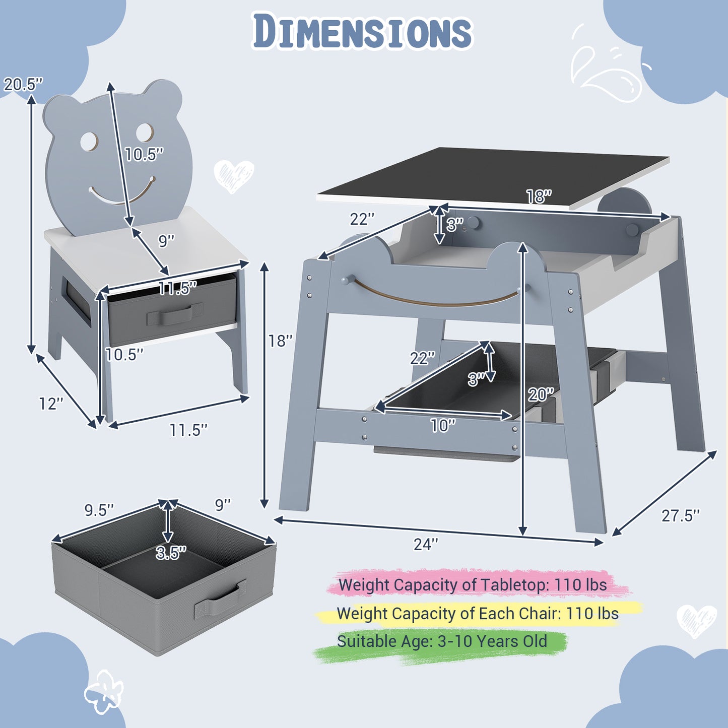Toddler Table and 2 Chairs Set with Reversible Chalkboard