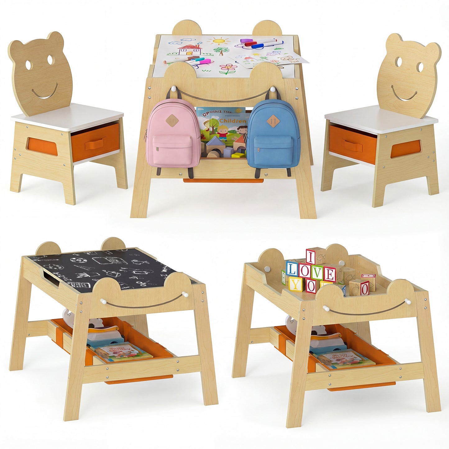 Toddler Table and 2 Chairs Set with Reversible Chalkboard