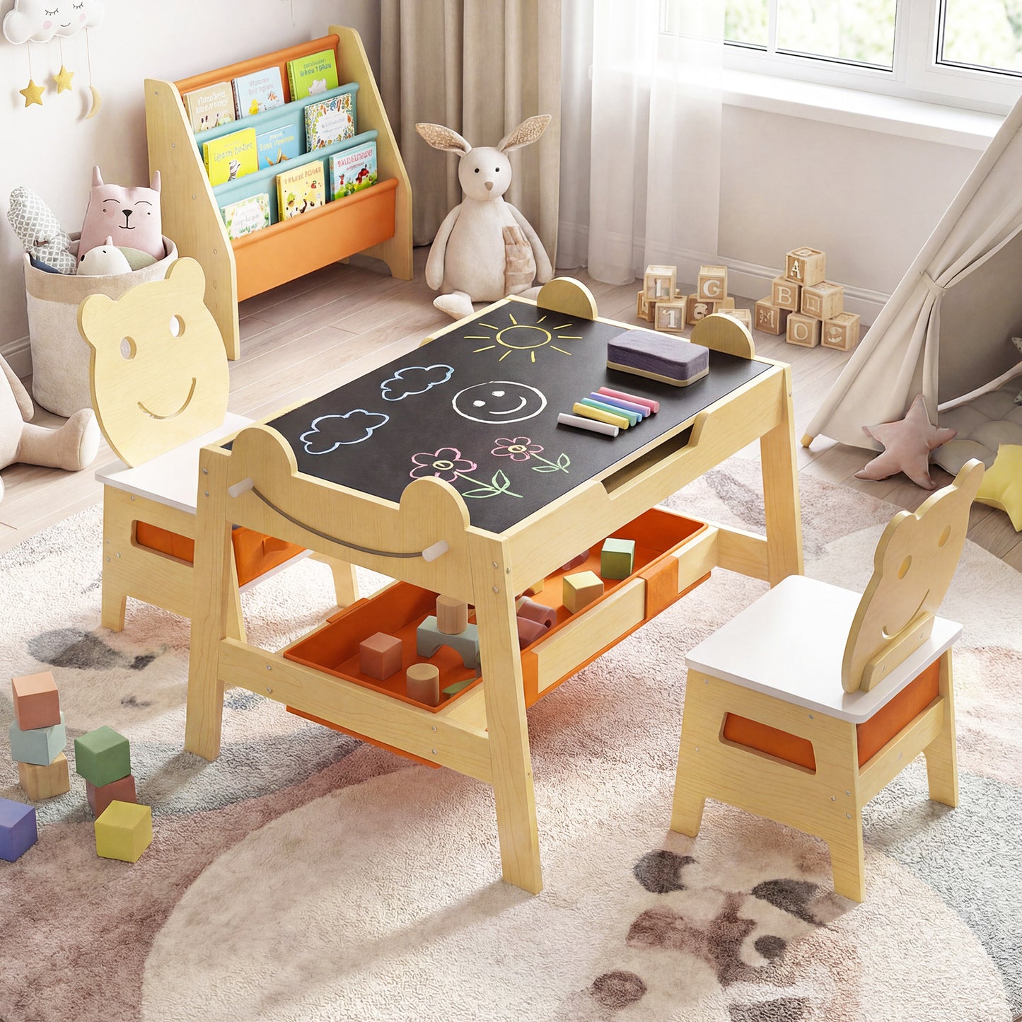 Toddler Table and 2 Chairs Set with Reversible Chalkboard