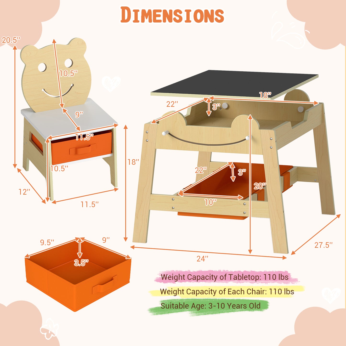 Toddler Table and 2 Chairs Set with Reversible Chalkboard