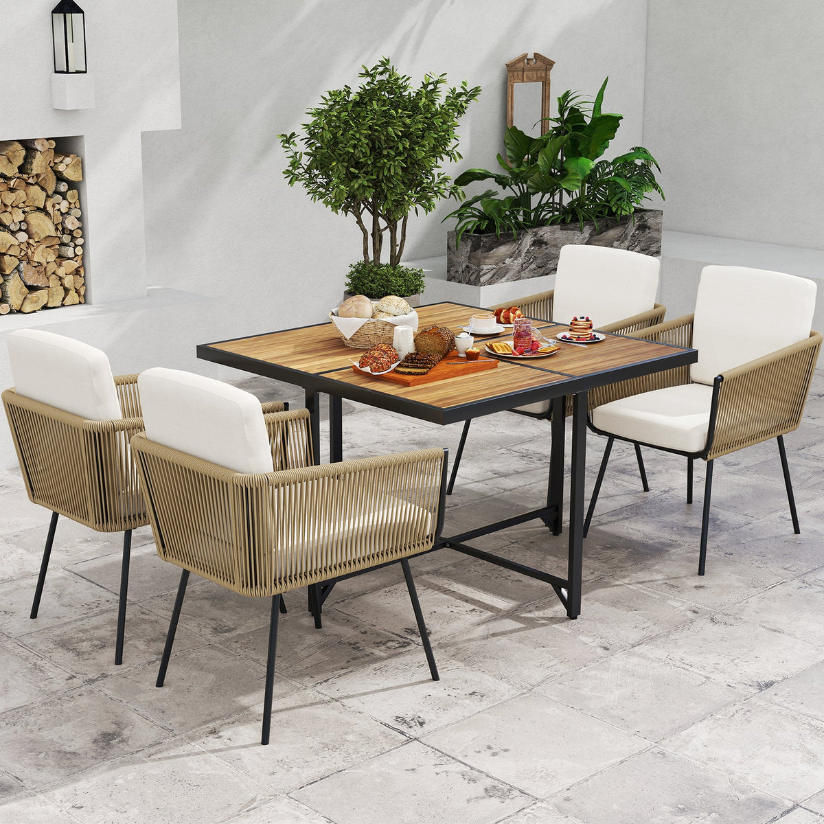 5 Pieces Patio Dining Set with Acacia Wood Tabletop