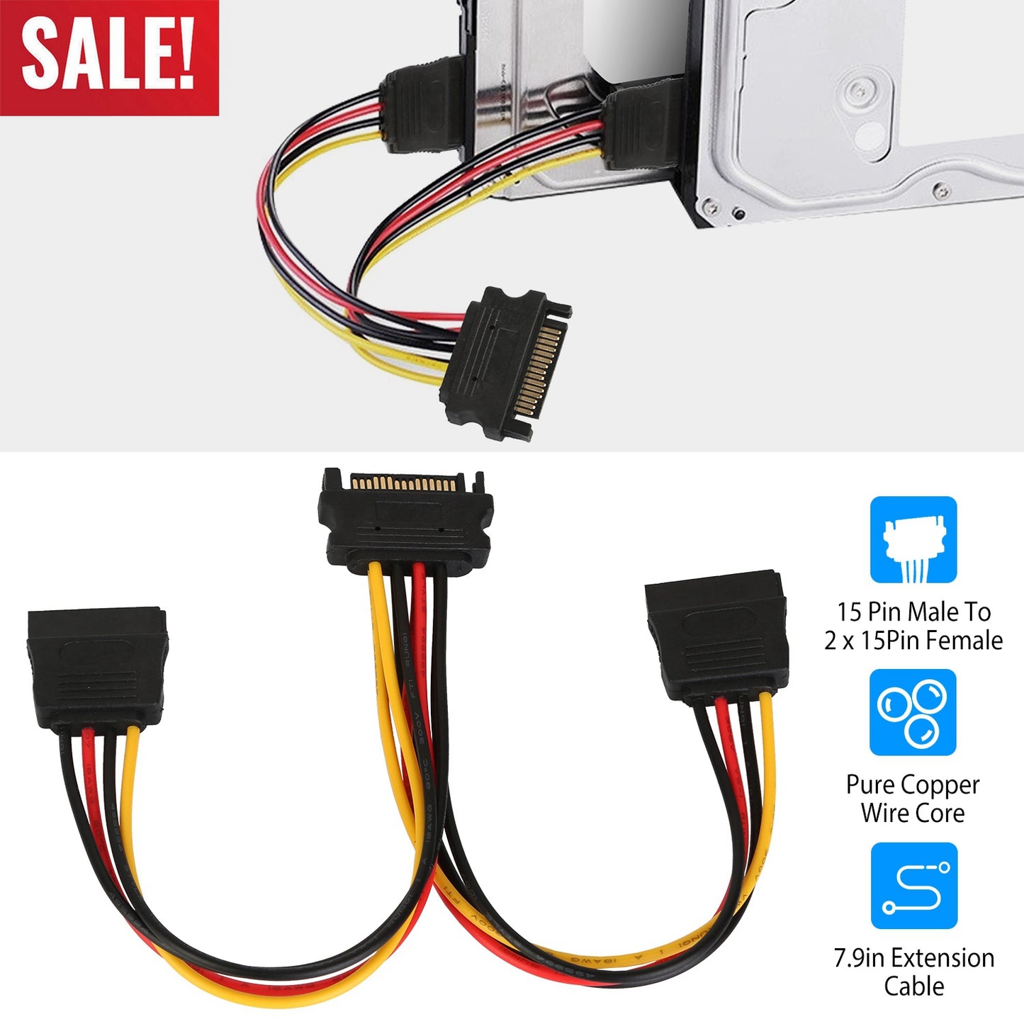 15-Pin SATA Power Y Splitter Cable Adapter - 7.9 Inch