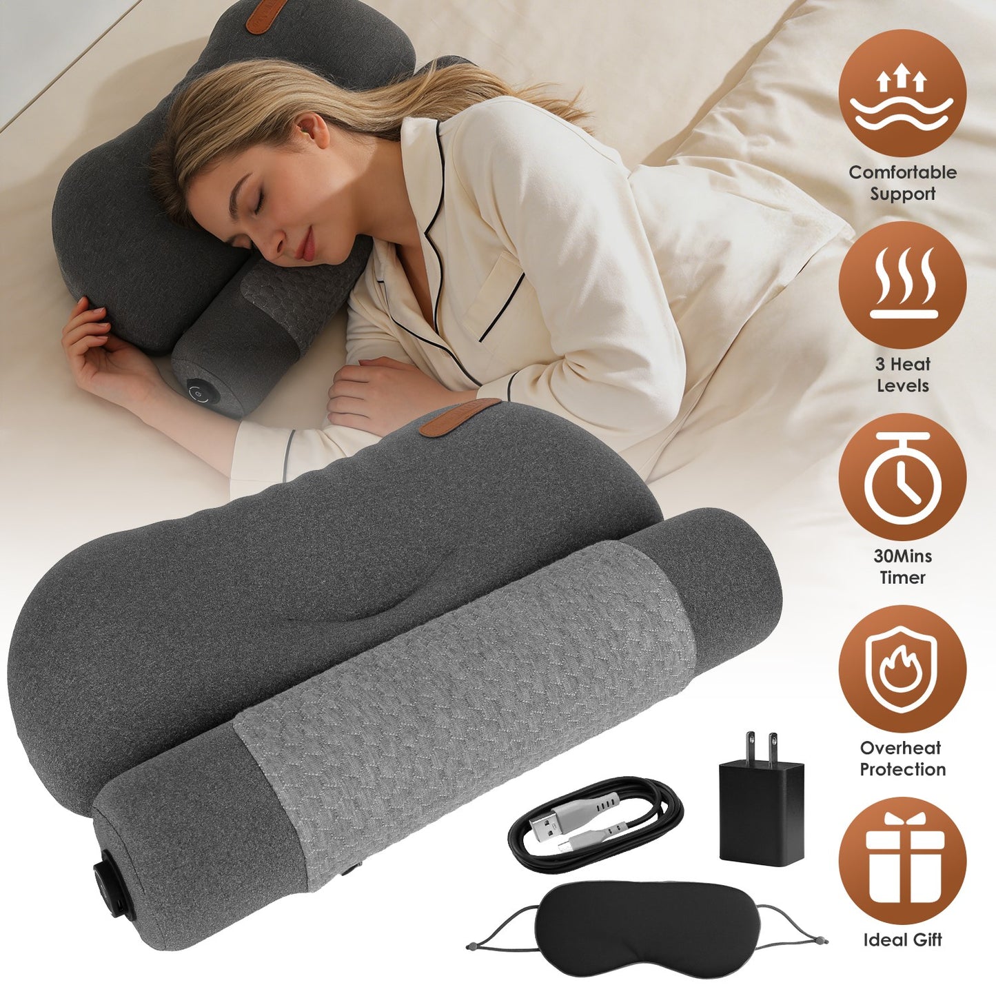 Heated Memory Foam Neck Pillow with 3-Level Heat Therapy