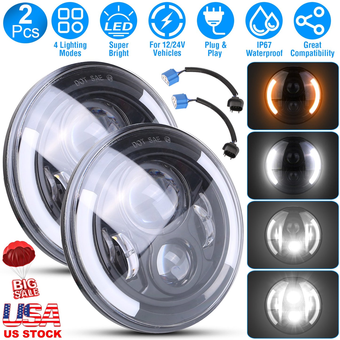 7 Inch Round LED Headlight with Halo DRL & Turn Signal