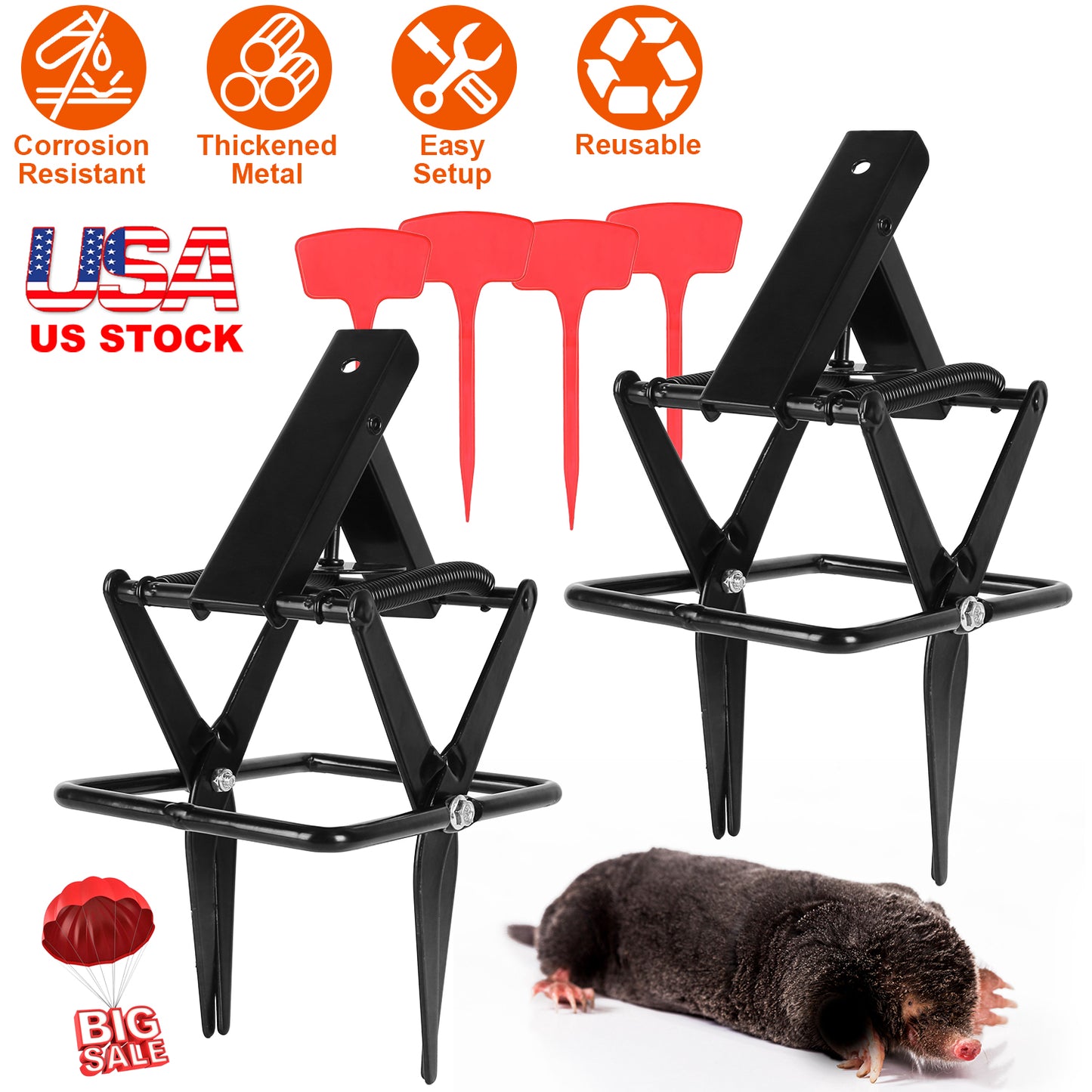 Mole Scissor Trap Set - 2 Pack Reusable Metal Outdoor Traps
