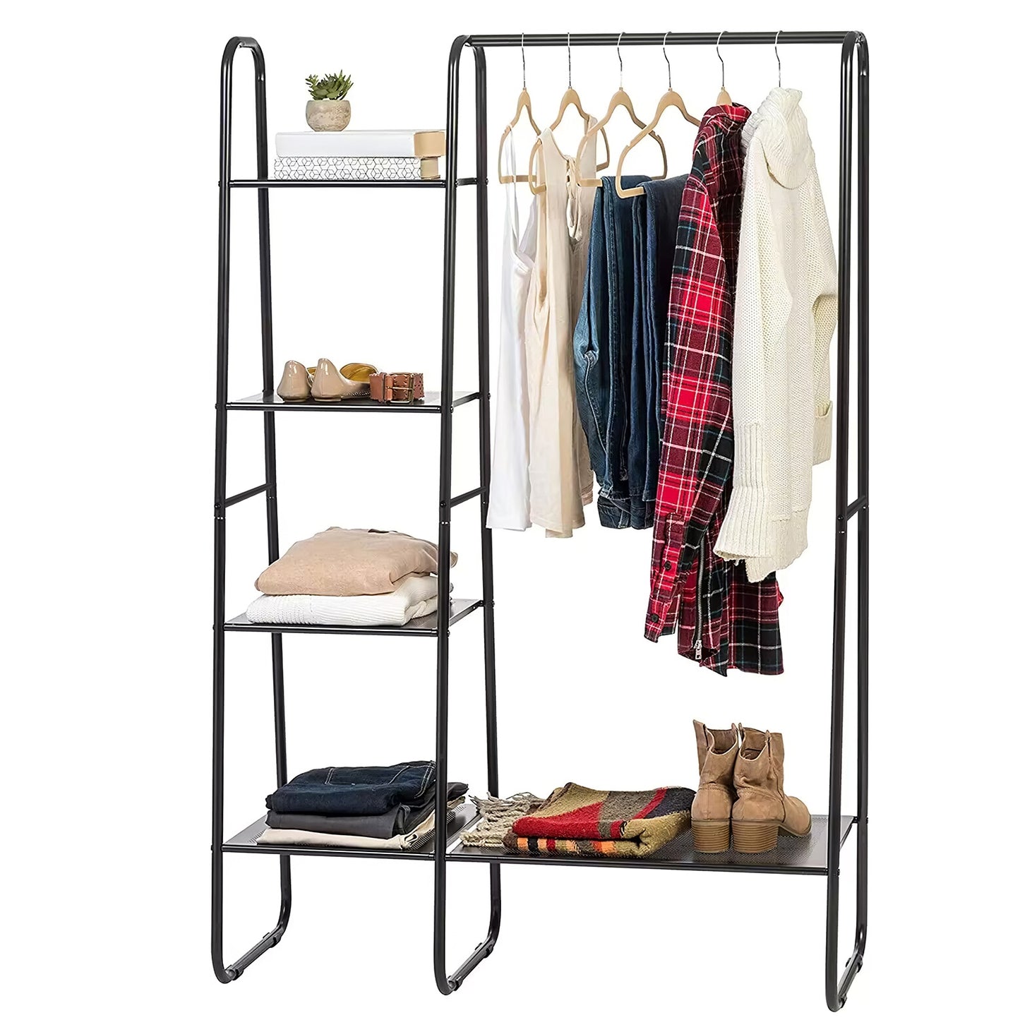 Metal Garment Rack with 5 Shelves and Hanging Rod