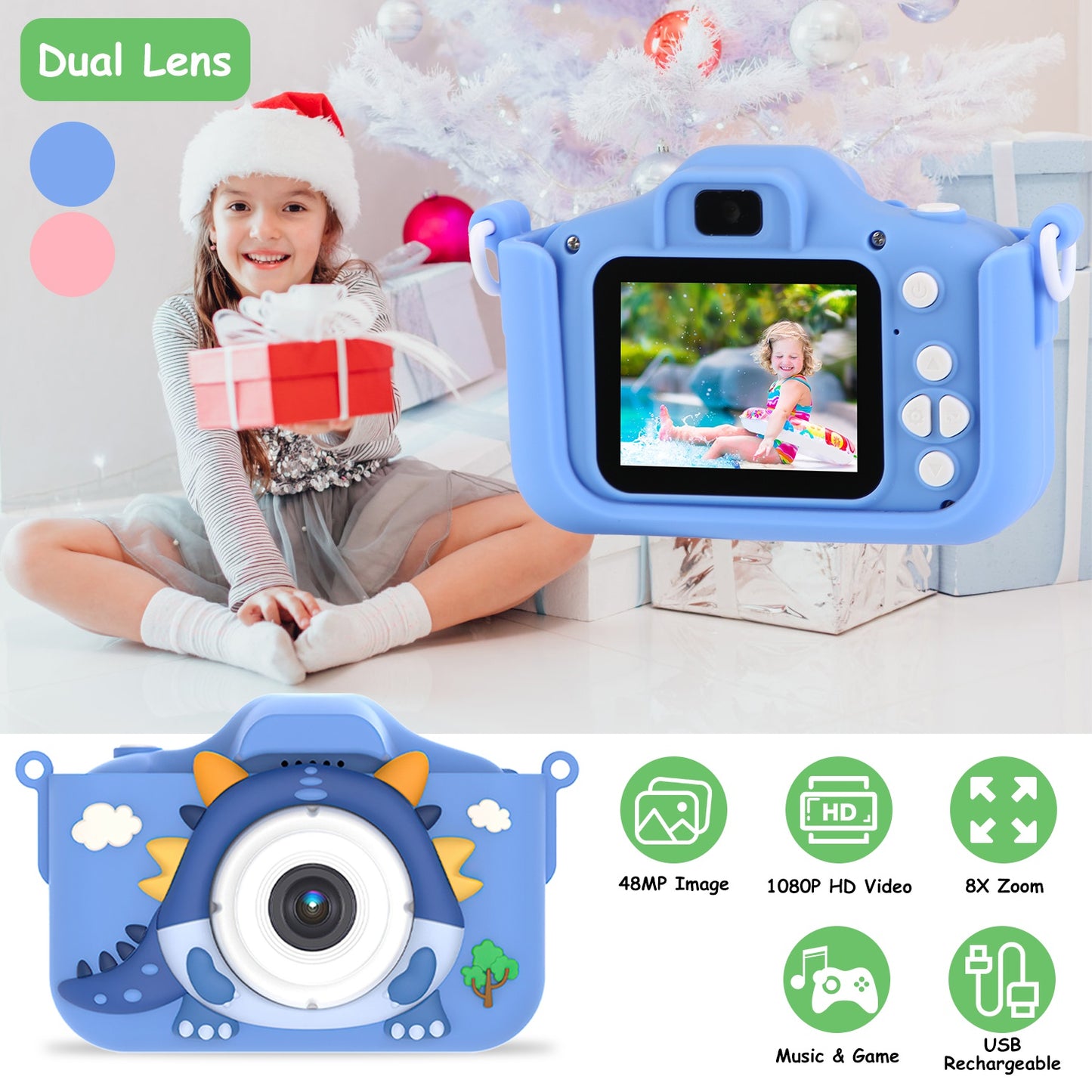 Kids Selfie Camera 48MP 1080P HD with Dinosaur Case