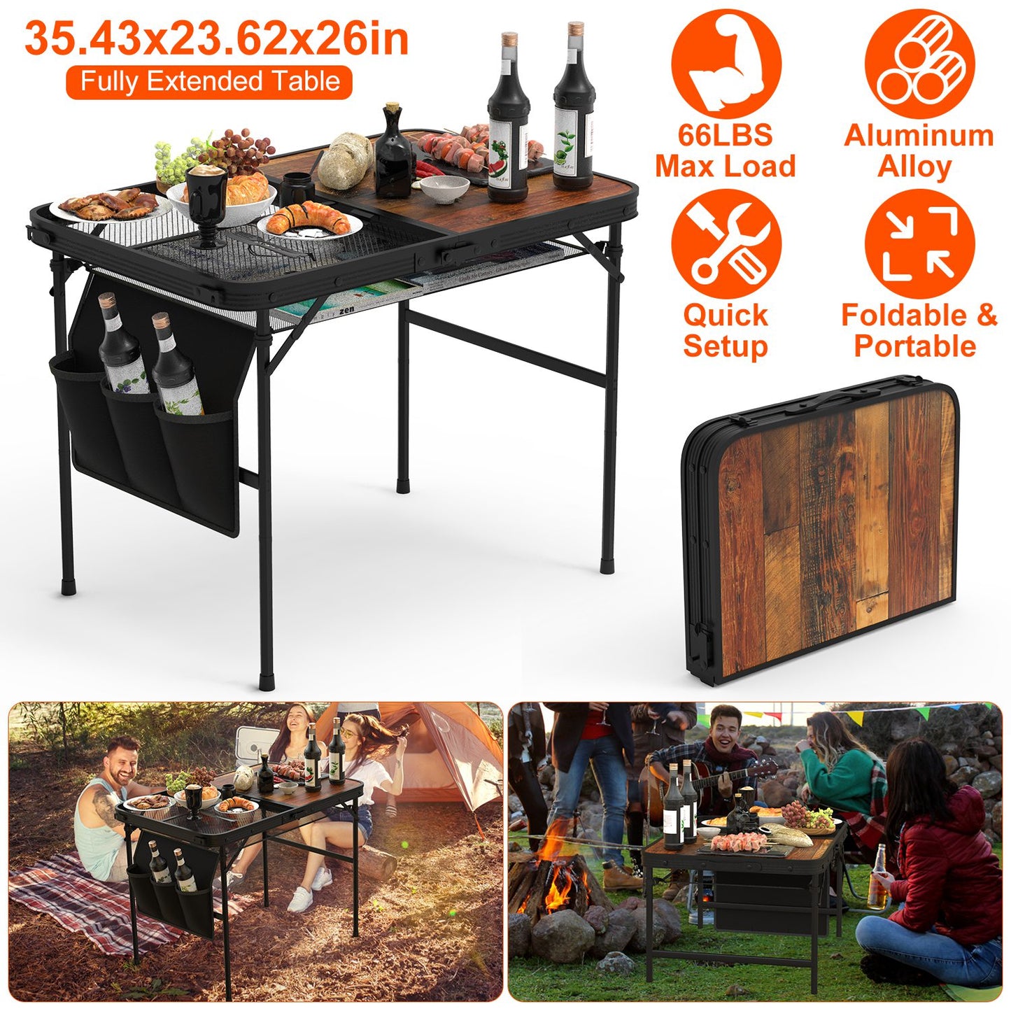 Foldable Camping Table with Adjustable Height & Storage Net