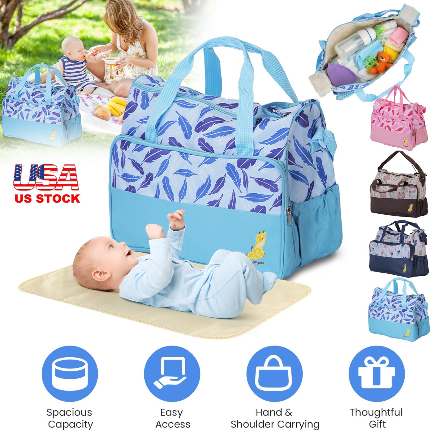 5-Piece Diaper Bag Set with Bottle Bag and Changing Pad