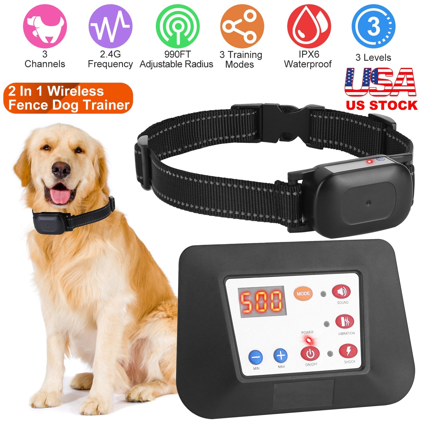 Wireless Dog Fence & Training Collar System 990FT Range