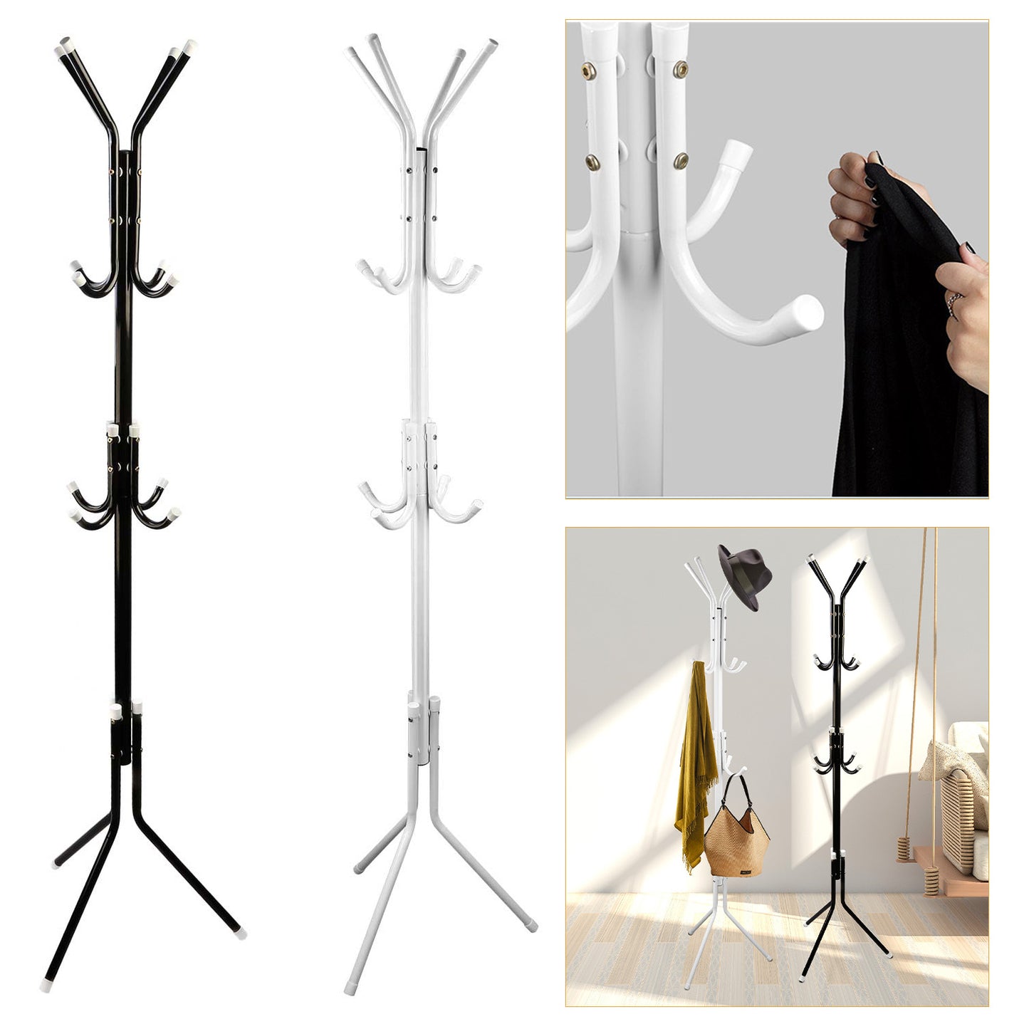 Standing Coat Rack with 8 Hooks - 3 Tier Metal Organizer
