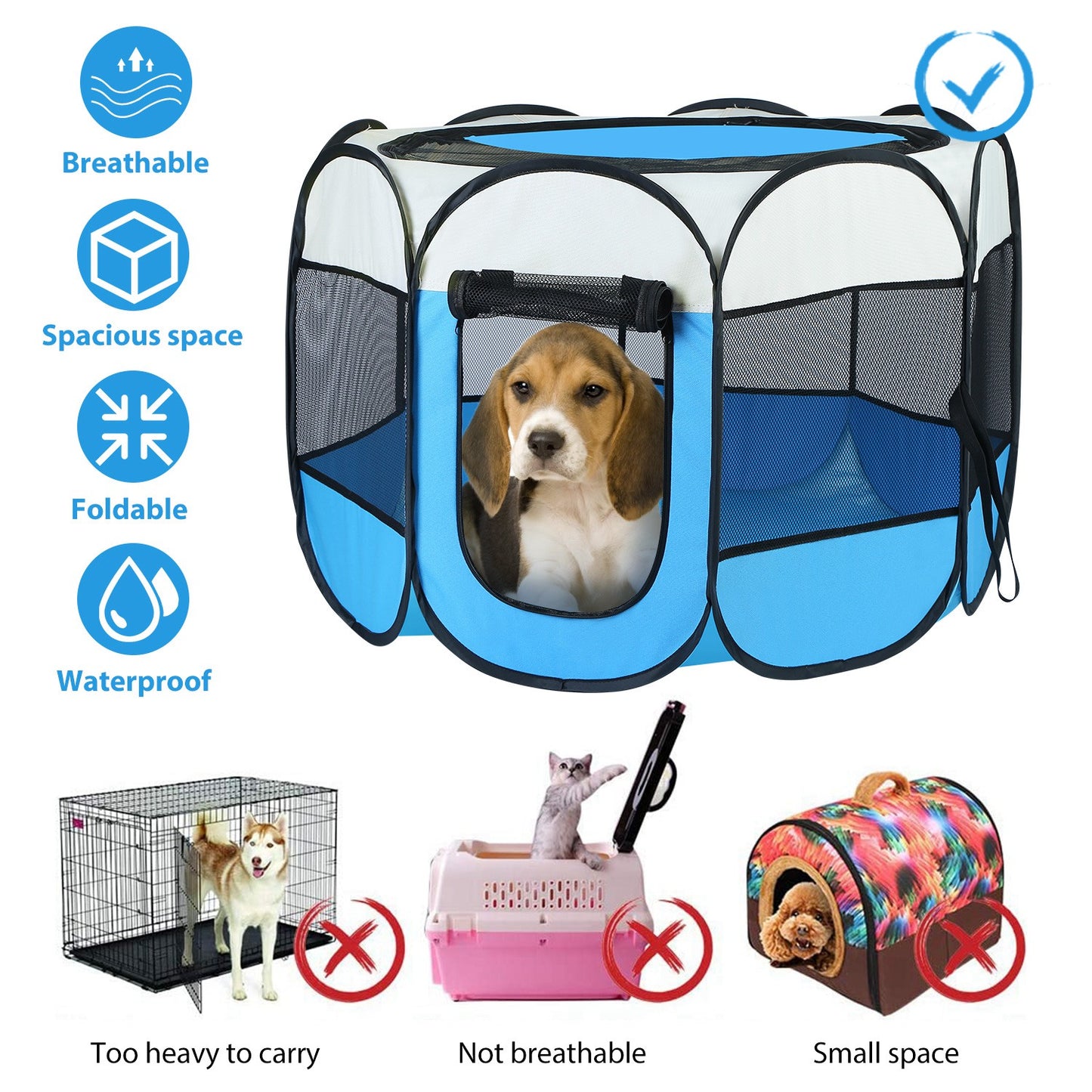 Foldable Pet Playpen with Mesh Panels and Zipper Top