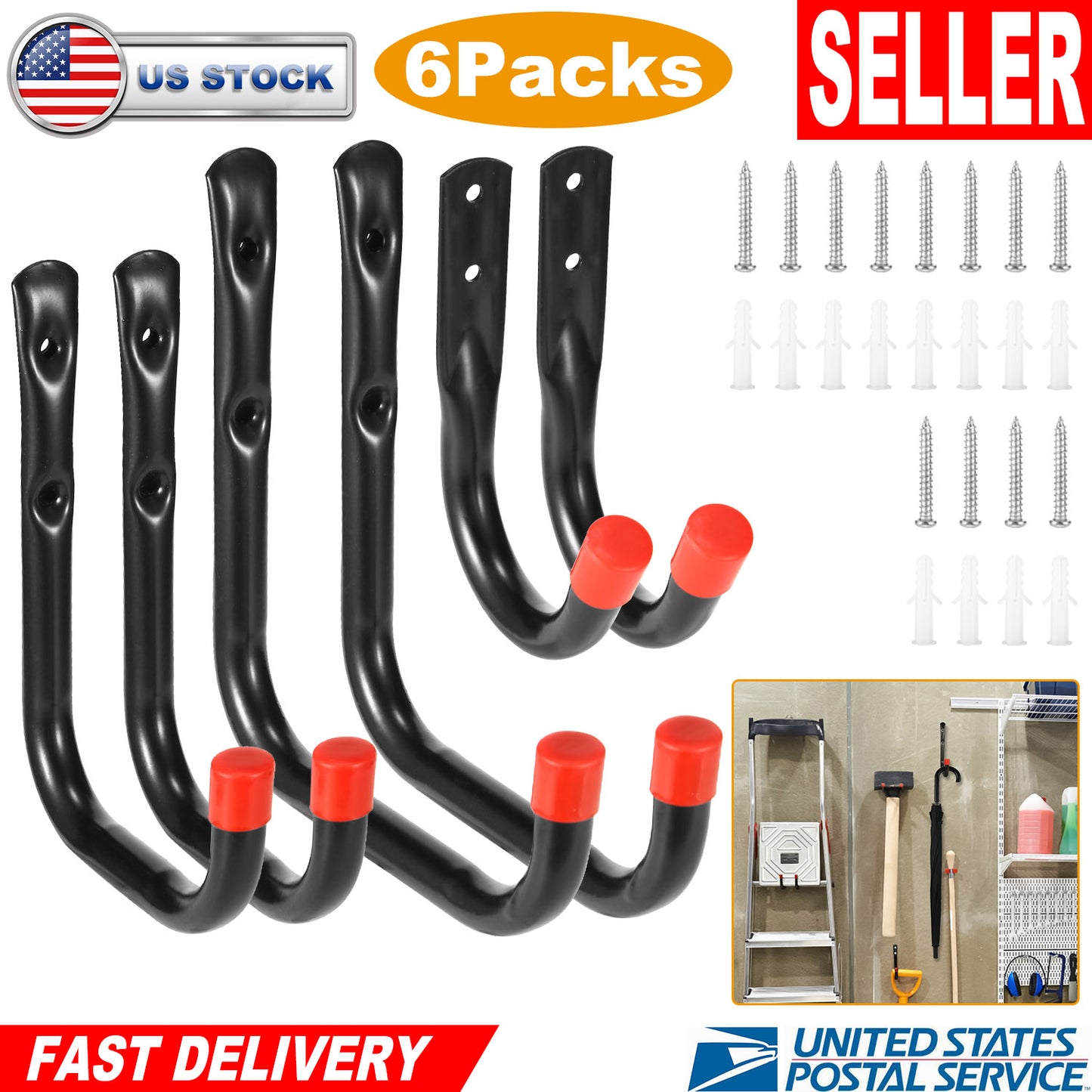 Heavy Duty Wall Storage Hooks - 6 Pack with 22lb Capacity