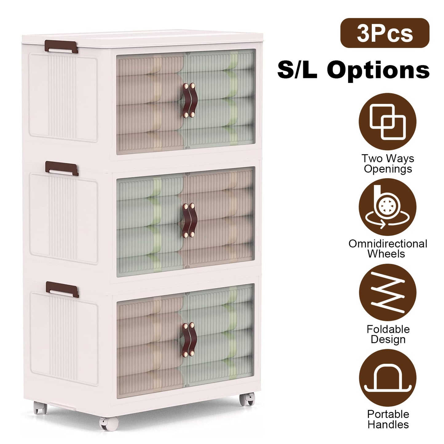 Foldable Storage Bins with Lids & Wheels - 3 Pack Stackable