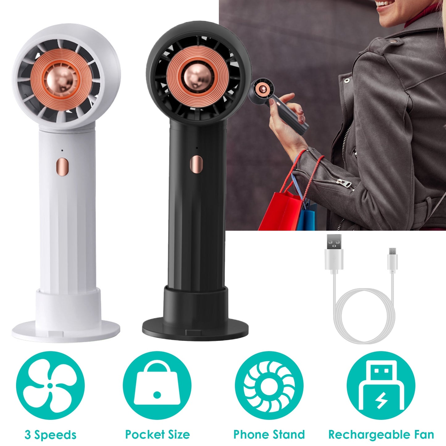 Rechargeable Handheld Fan with 3 Speeds & Phone Holder Base