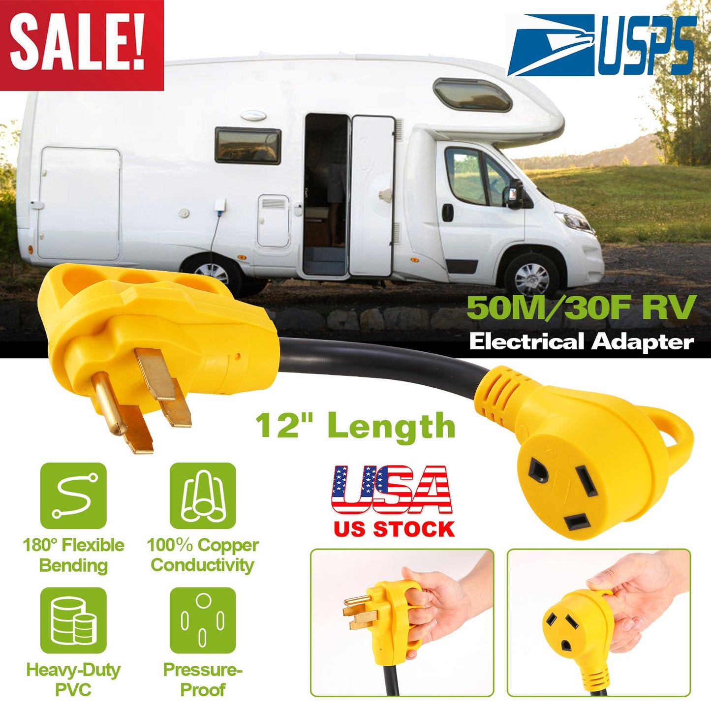 RV Electrical Adapter 50 Amp Male to 30 Amp Female 12 Inch