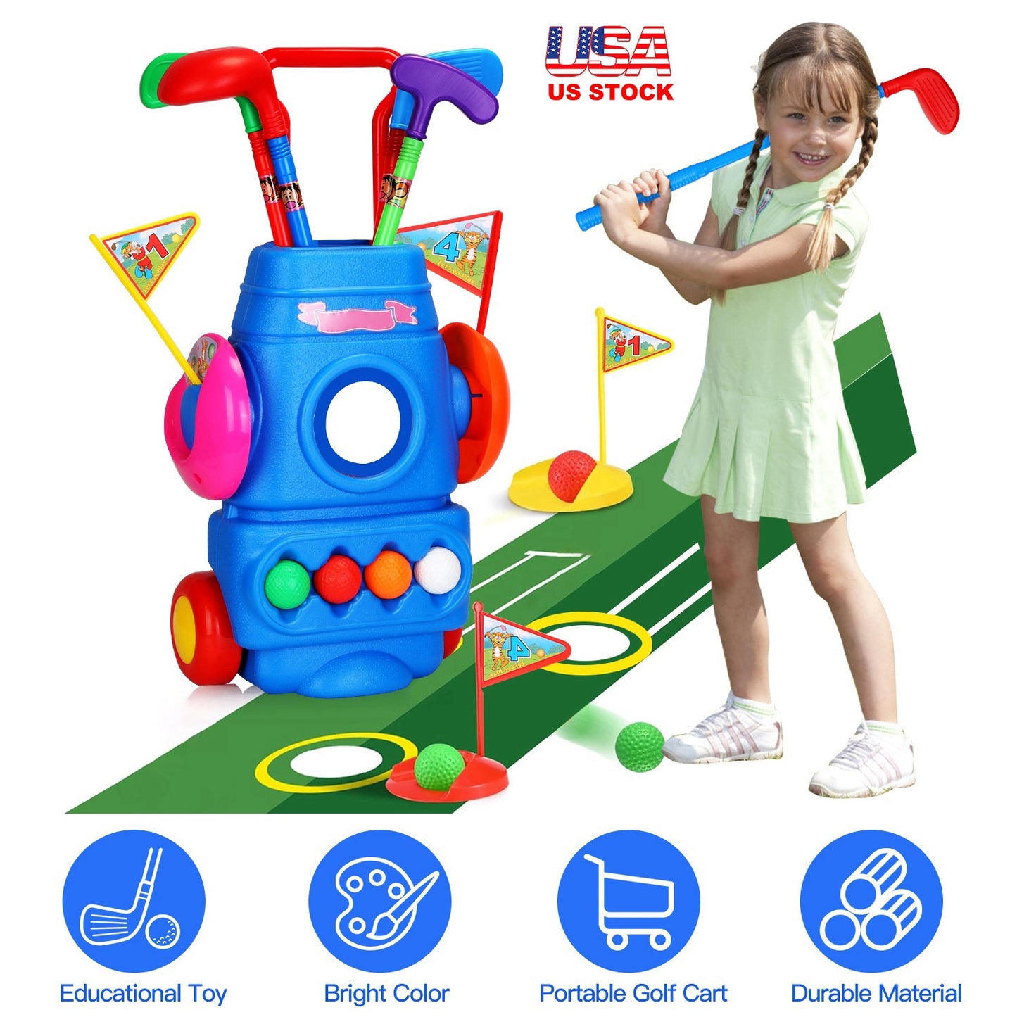 Toddler Golf Set with Cart, 4 Clubs, Balls & Flags