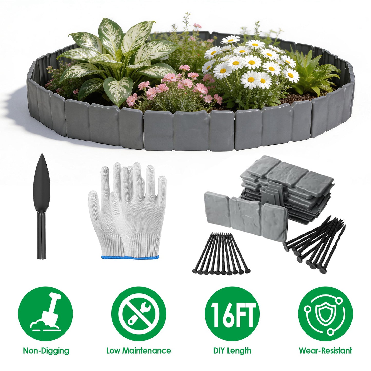 Plastic Landscape Edging 16FT Kit with Cobblestone Design