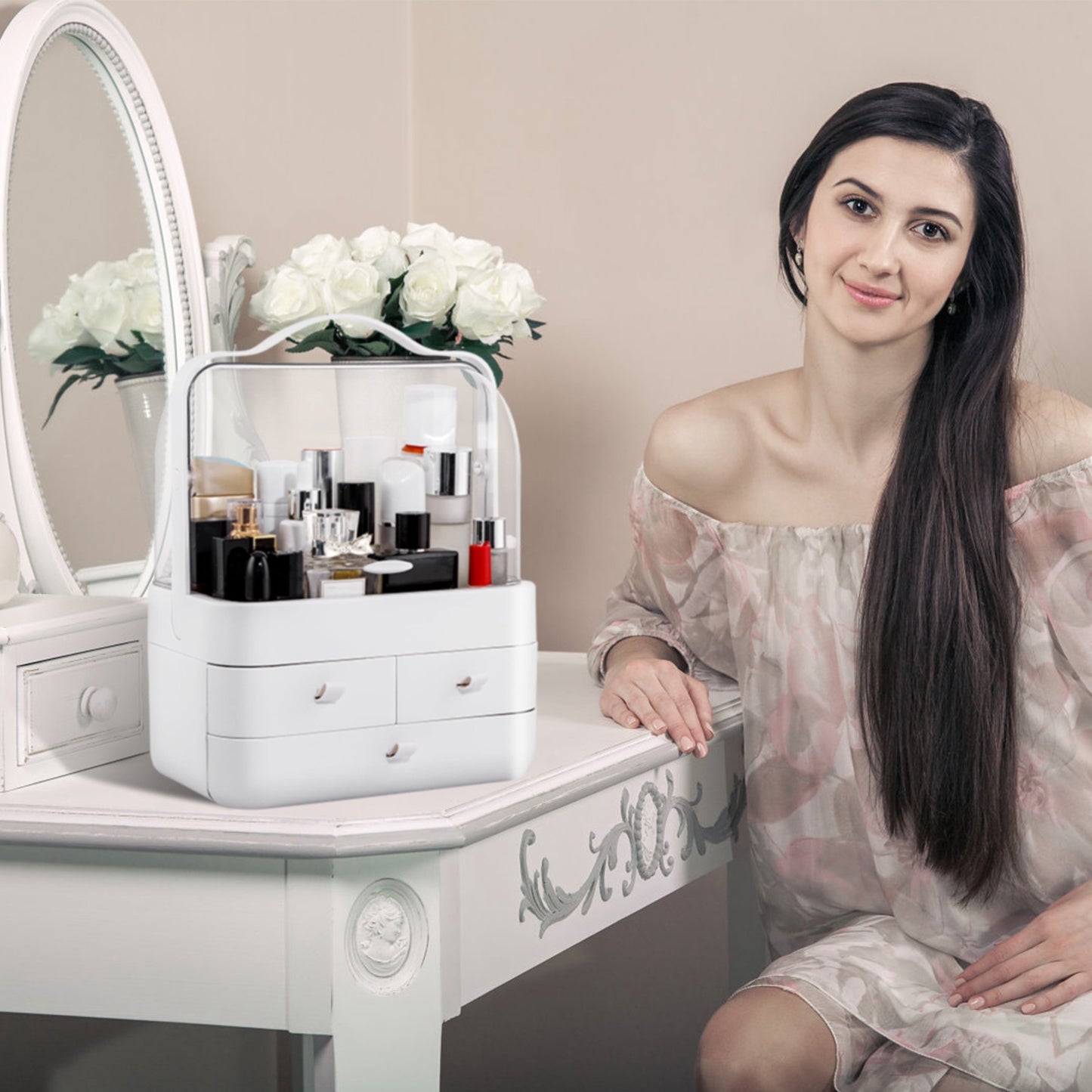 3-Tier Makeup Organizer with Dustproof Lid and Drawers