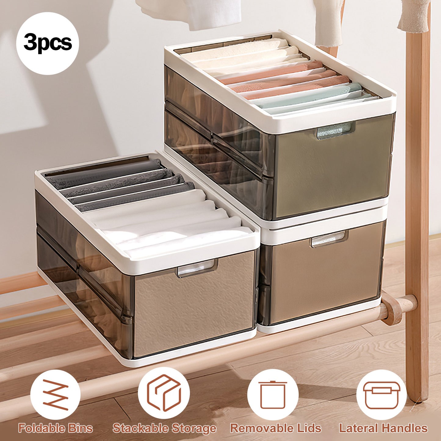 Foldable Storage Bins with Lids - 3 Pack Stackable Organizer