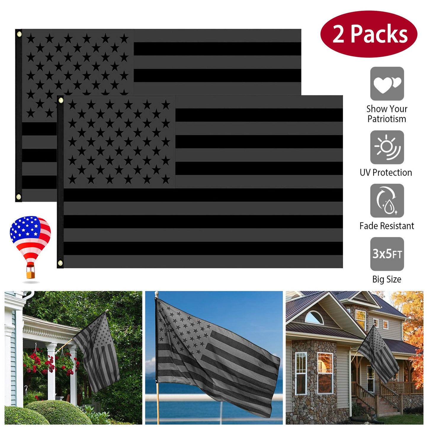 All Black American Flag 3x5 FT with Brass Grommets