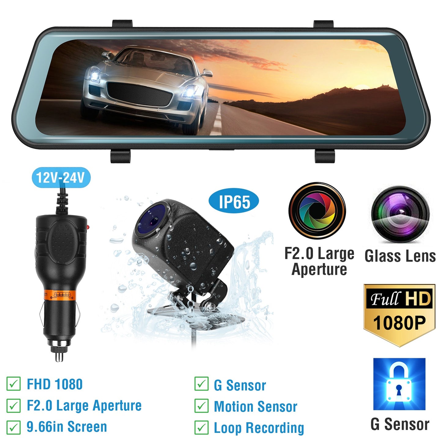 Dual Dash Camera 9.66" FHD 1080P Front & Rear with Night Vision