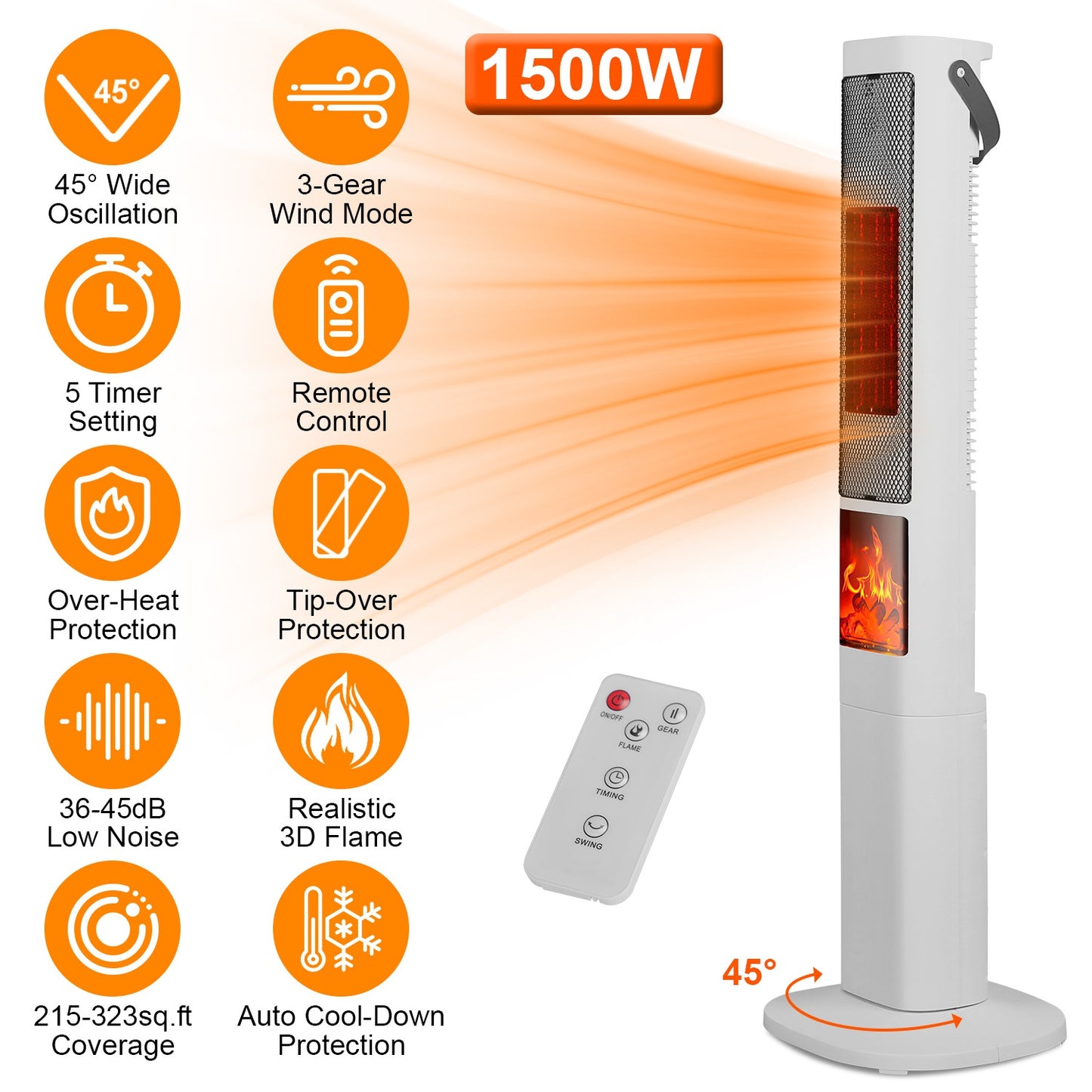 Oscillating Ceramic Tower Space Heater with 3D Flame Effect