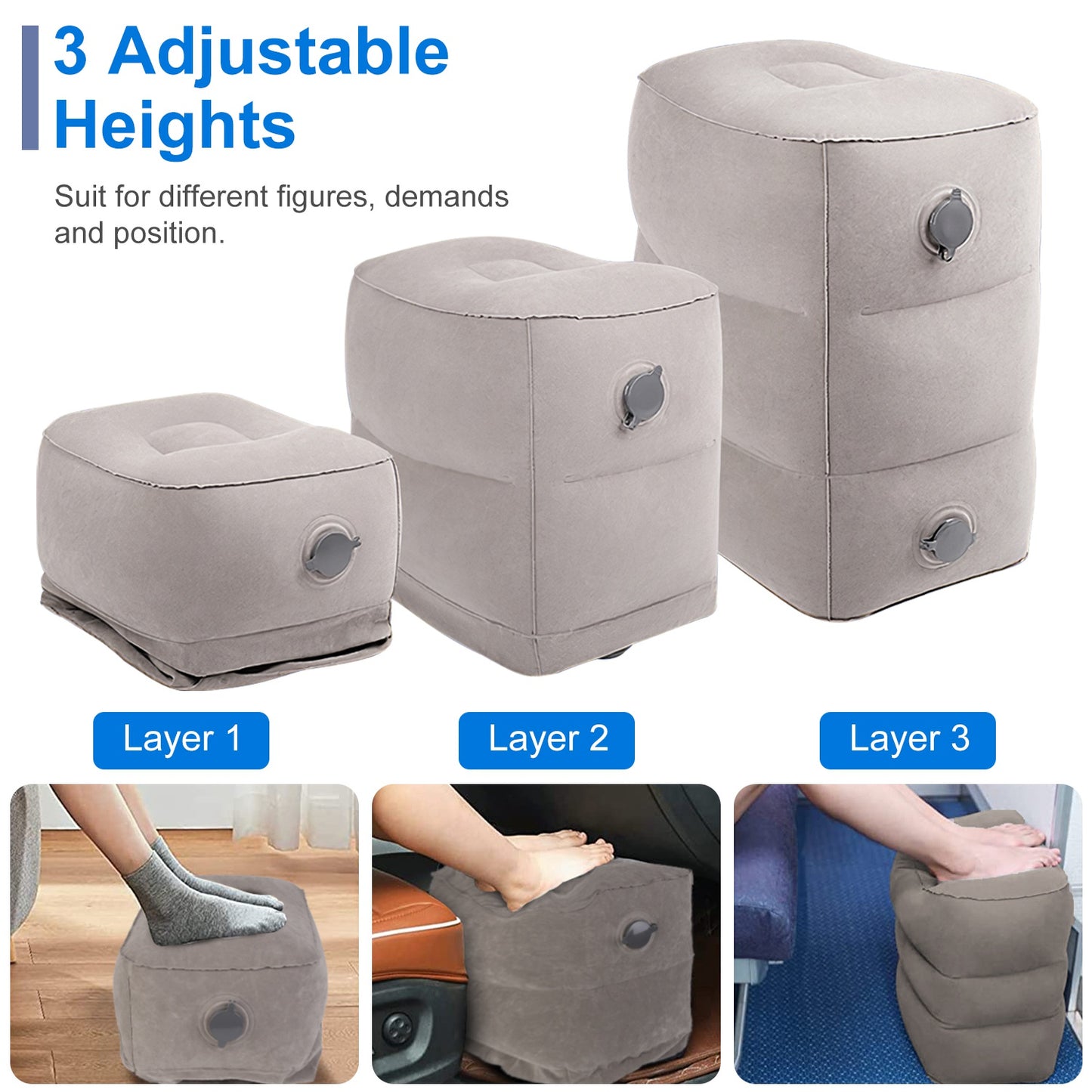 Inflatable Foot Rest with 3 Adjustable Heights for Travel