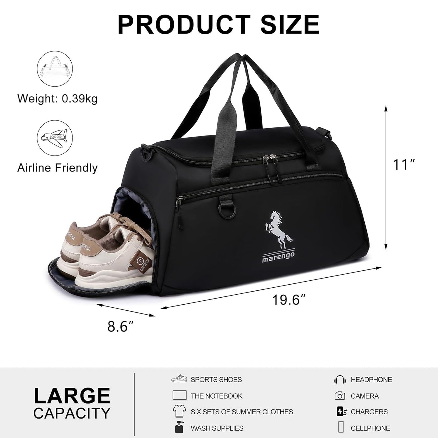 Gym Duffle Bag with Shoe Compartment & Wet Pocket 37L