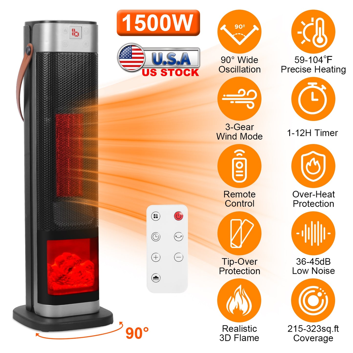 Oscillating Ceramic Tower Space Heater with Remote Control