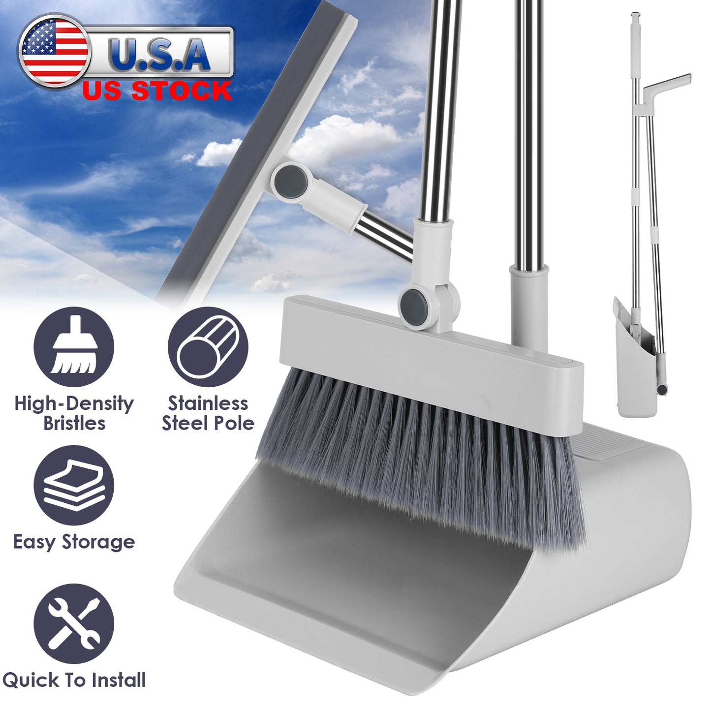 4-in-1 Broom and Dustpan Combo Set with Squeegee