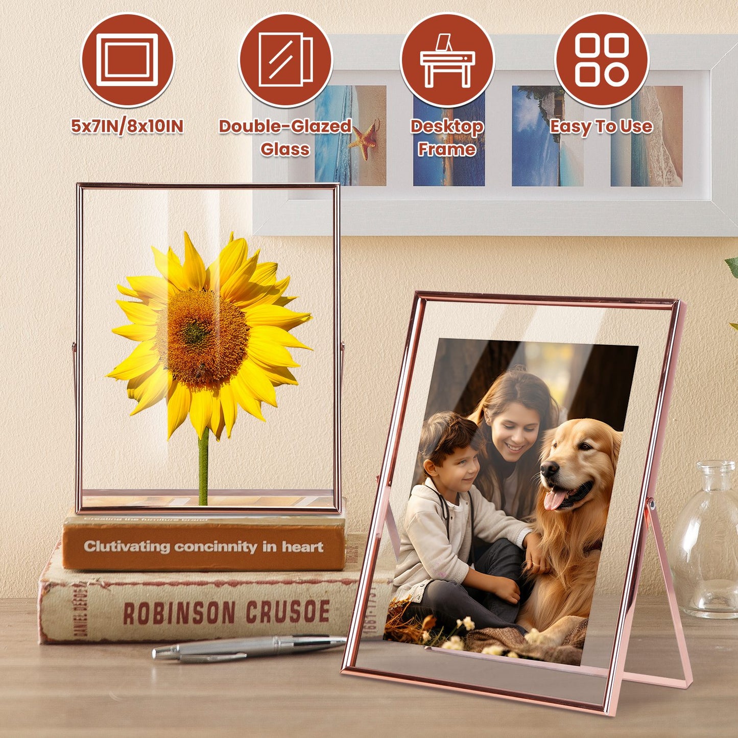 Rose Gold Metal Picture Frame Set 5x7 & 8x10 Vertical