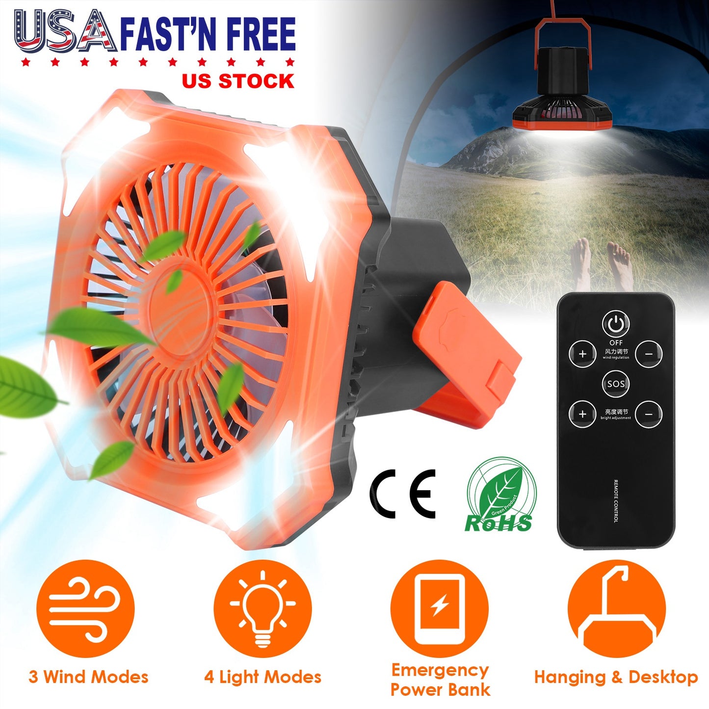 Camping Lantern Fan with 10000mAh Power Bank & Remote