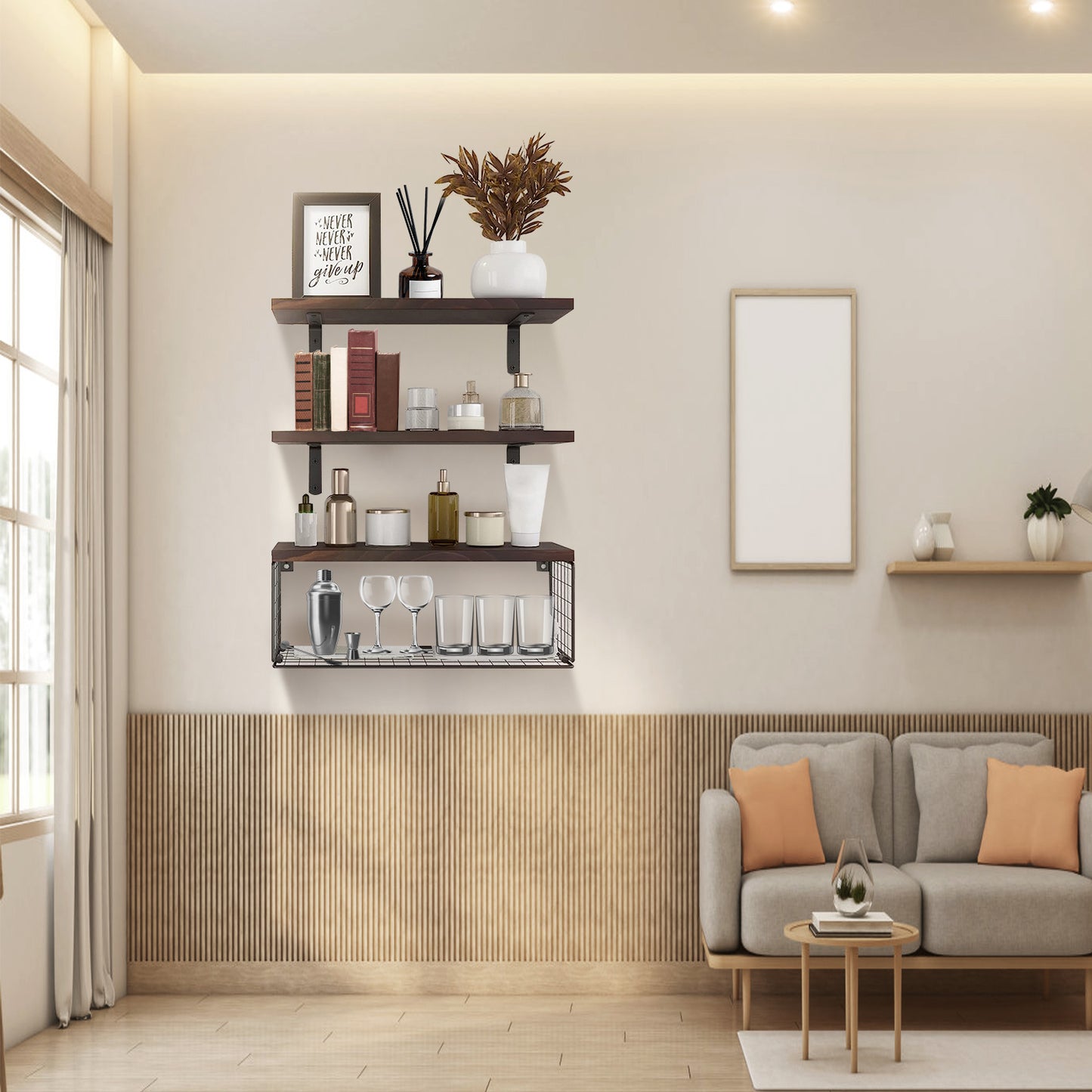 Floating Shelves Wall Mounted with Storage Basket - 3 Tier Wood