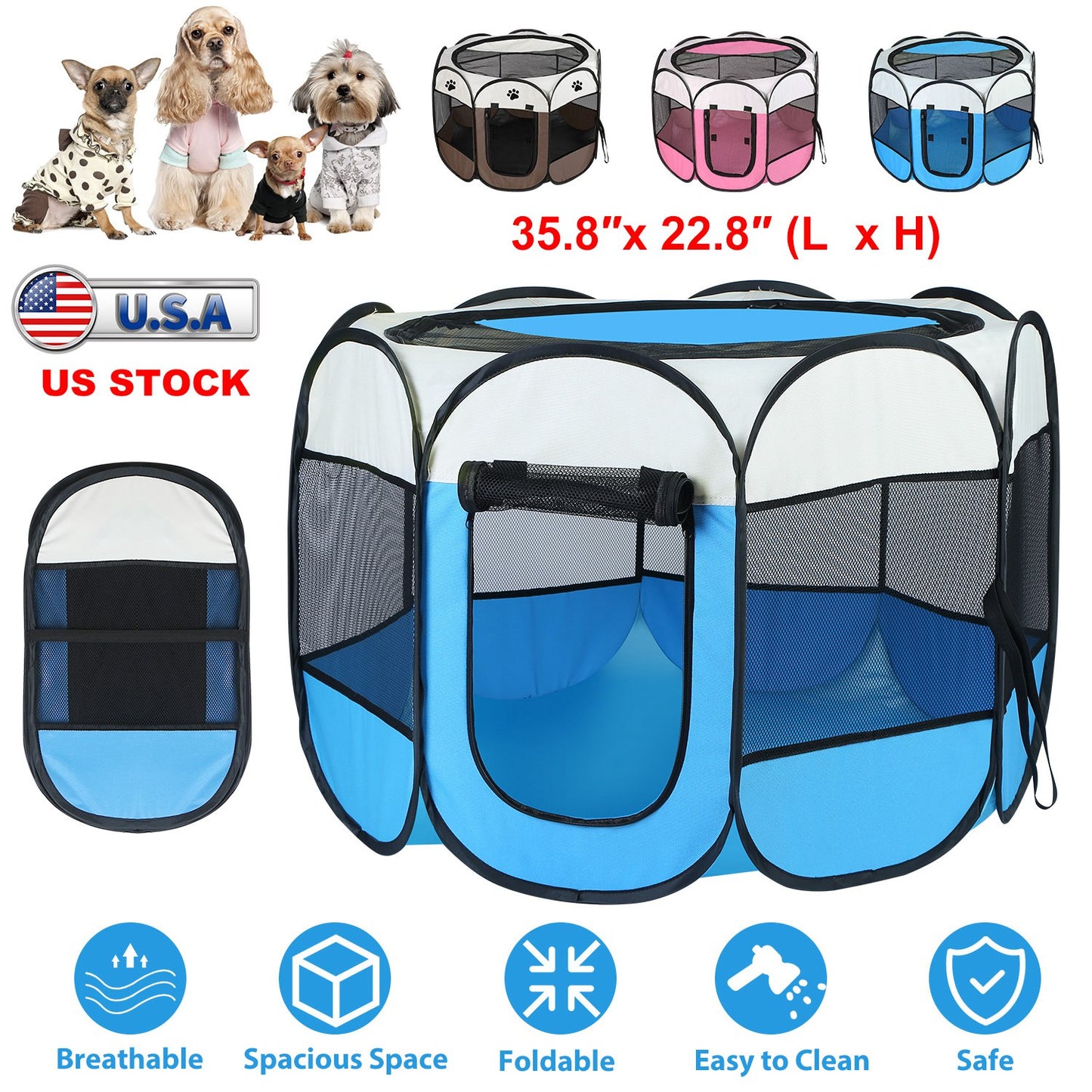 Foldable Pet Playpen with Mesh Panels and Zipper Top
