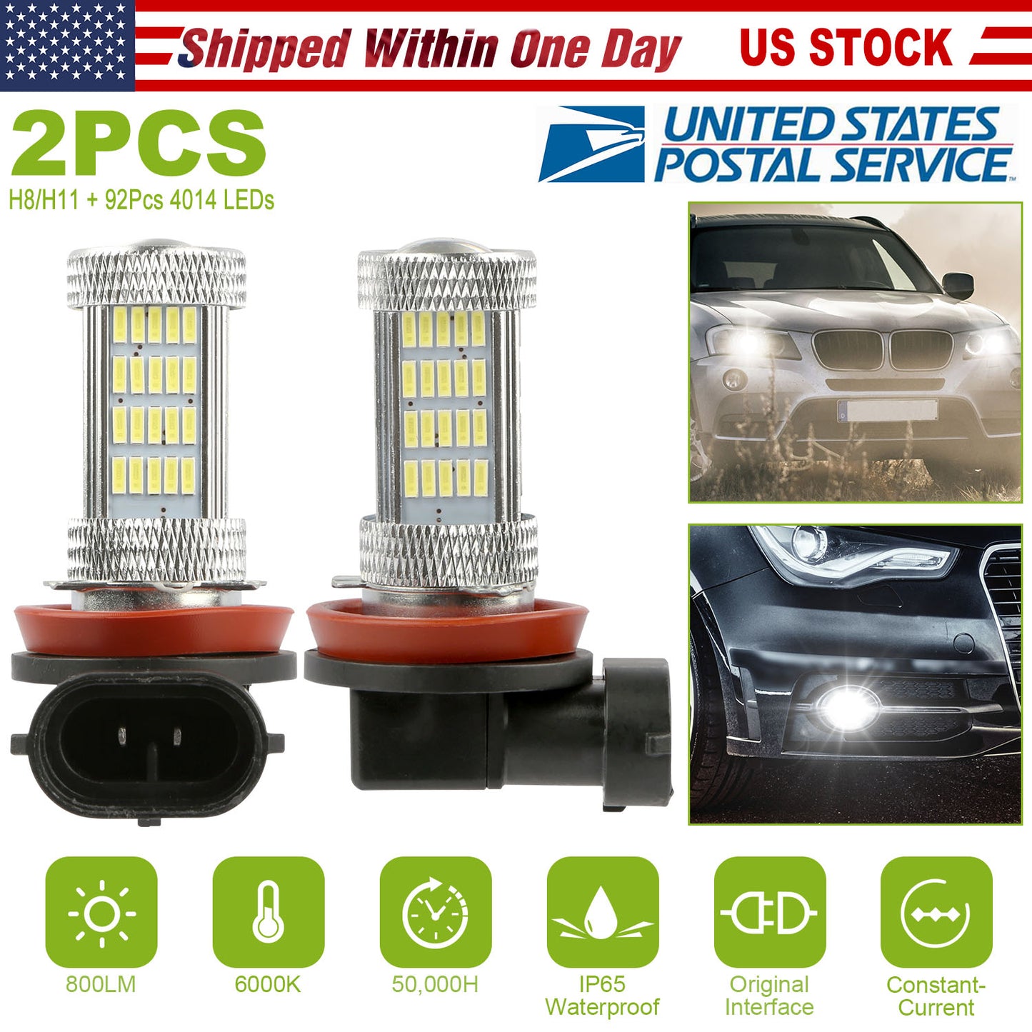 H8/H9/H11 LED Fog Light Bulbs 800lm 6000K White 2-Pack