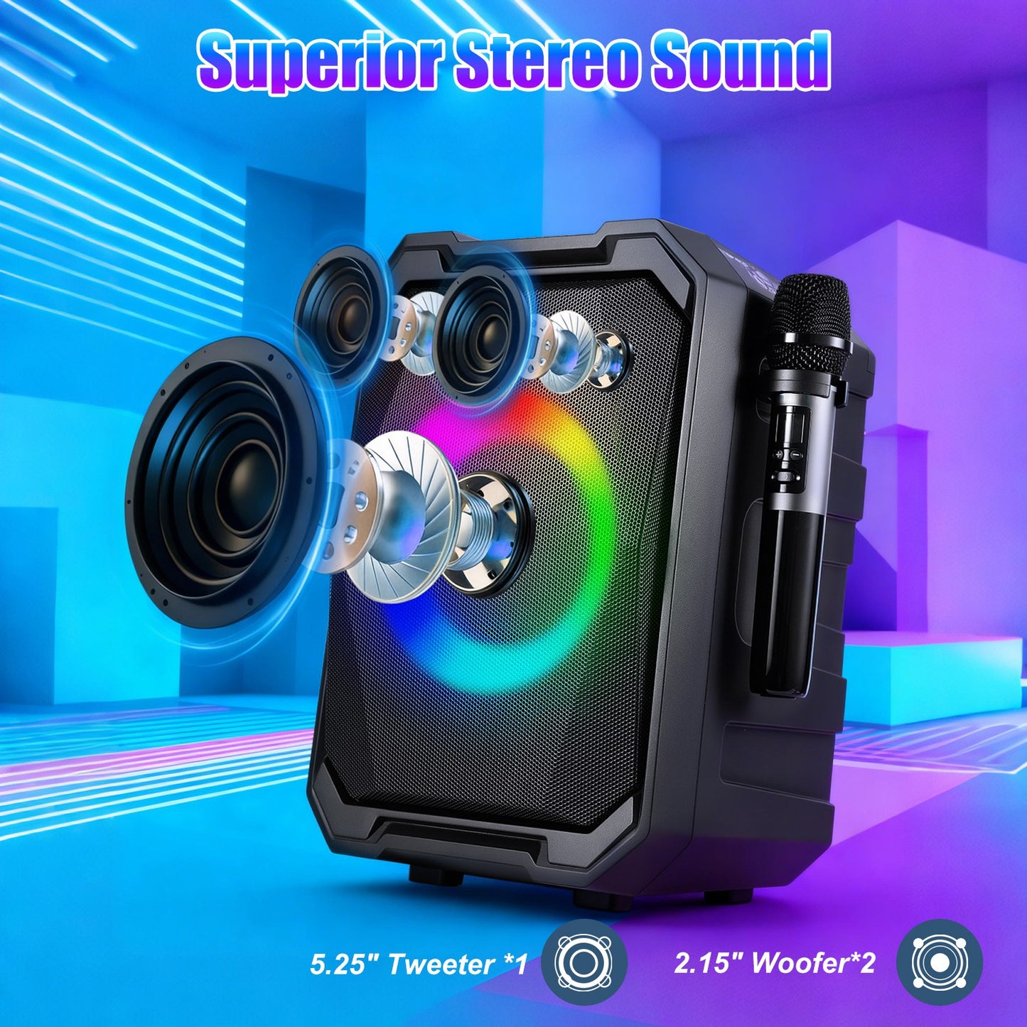 Portable Wireless Party Speaker with LED Lights & 2 Mics